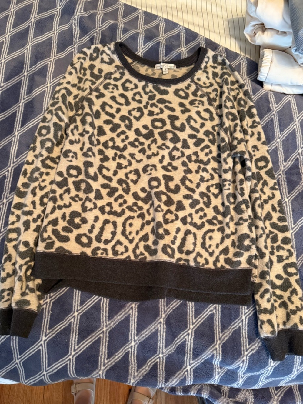 Moa Moa Leopard Print Crewneck Sweater in Beige and Black Trim